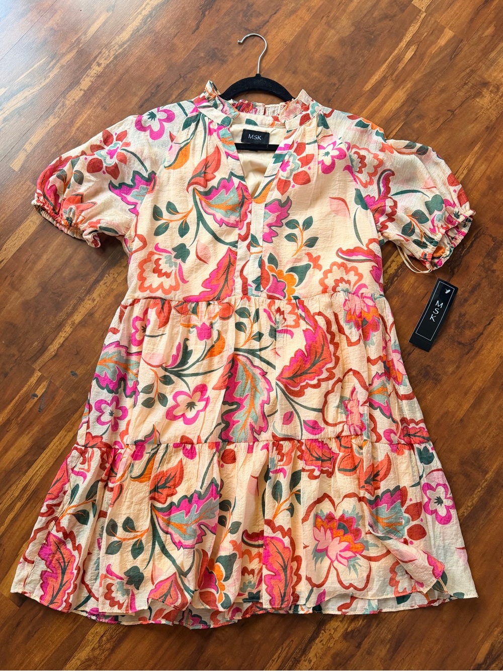 CeCe Peach Floral Tiered Casual Dress with Pink & Green Accents